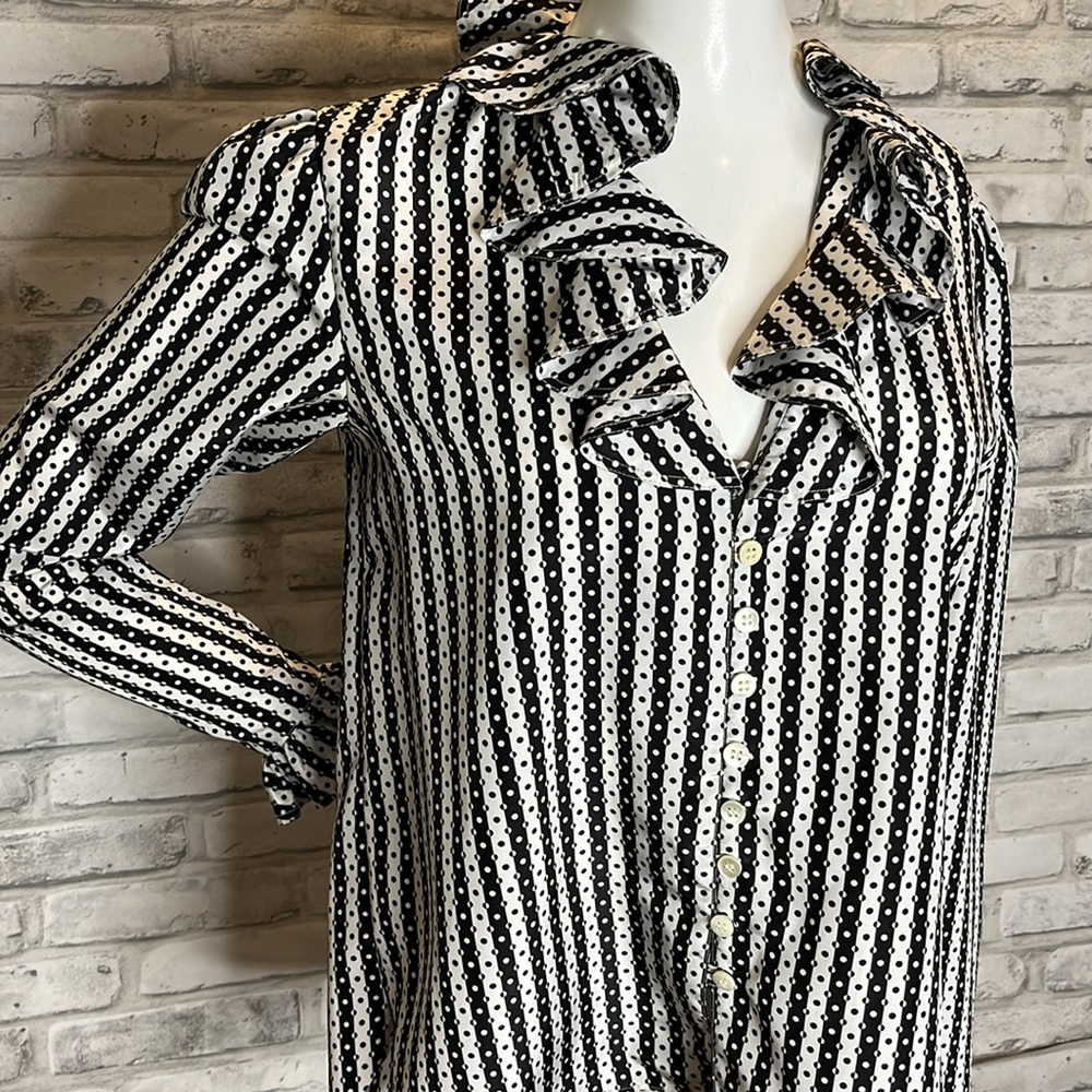 Evan Picone retro blouse black white polka dot stripe ruffle collar long sleeve - Picture 2 of 11